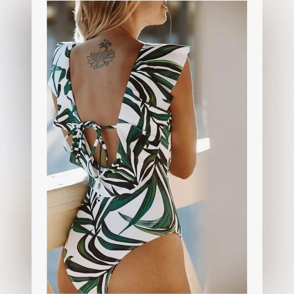 Tropical Leaf Print Kids One Piece Swimsuit - Picture 3 of 13